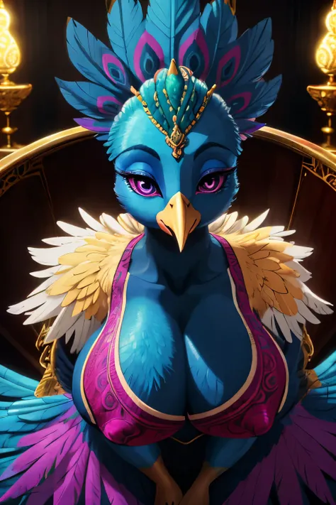 A humanoid peacock with large breasts, medium shot angle, detailed intricate feathers, beautiful detailed eyes, beautiful detailed beak, extremely detailed face, long eyelashes, elegant posture, vibrant colors, photorealistic, 8k, best quality, ultra-detai...