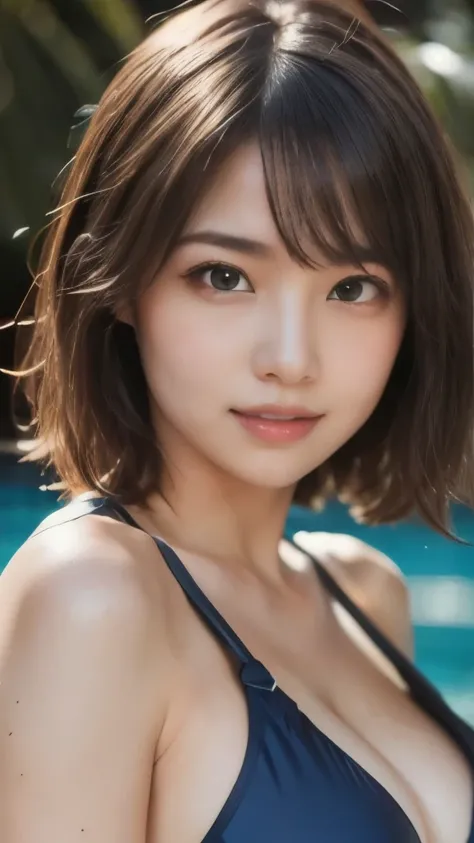 8k,Highest quality,(masterpiece:1.2),(Realistic),(Realistic:1.37),Ultra-high resolution,1 female college student,Wavy Hair,Beautiful Eyes,Beautiful teeth alignment, A little angry,Well-formed fingers,Tropical Pool,(((Tiny swimsuit))),Big Breasts,Perfect bo...