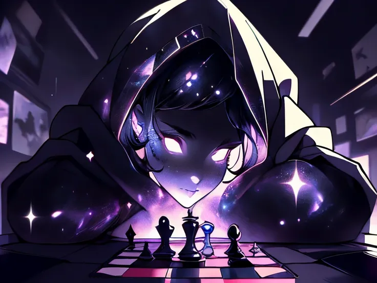 (highly detailed:1.3), (post-Impressionist:1.2),masterpiece, best quality, extreme detail, impressionism painting, realistic, man, playing chess at a table, short hair, looking at viewer, wearing black hooded robe and only shadow of his face is visible, pa...