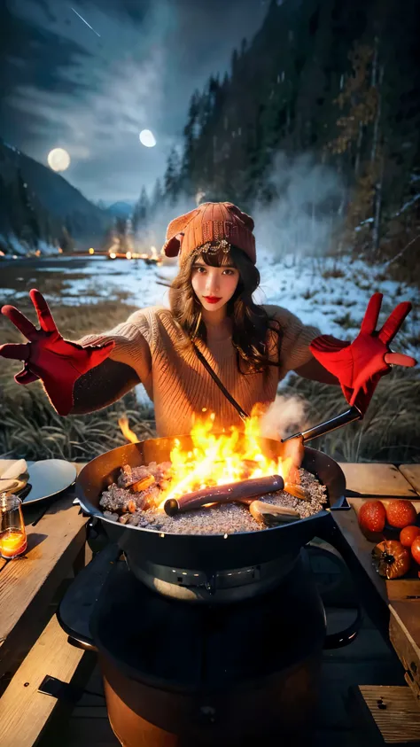 1 woman ((upper body selfie, happy)), masterpiece, best quality, ultra-detailed, solo, outdoors, (night), mountains, nature, (stars, moon) cheerful, happy, backpack, sleeping bag, camping stove, water bottle, mountain boots, gloves, sweater, hat, flashligh...