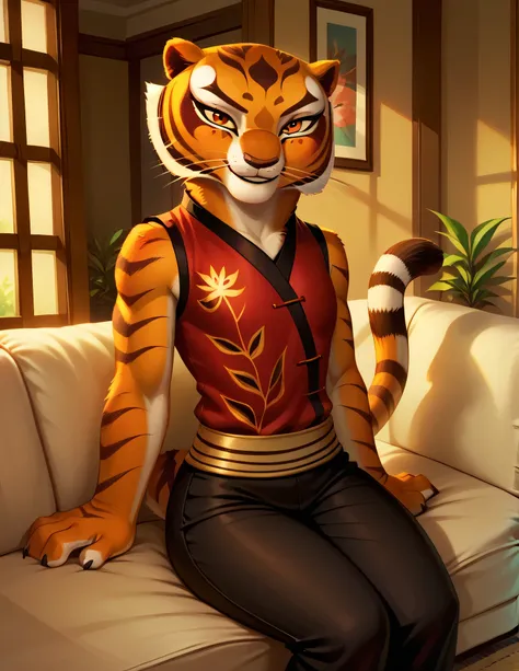 score_9, score_8_up, score_8, 1girl, m4stertigr3ss, solo, tail, looking at viewer, red qipao, black silk pants
Sitting on couch, living room, window,sexy