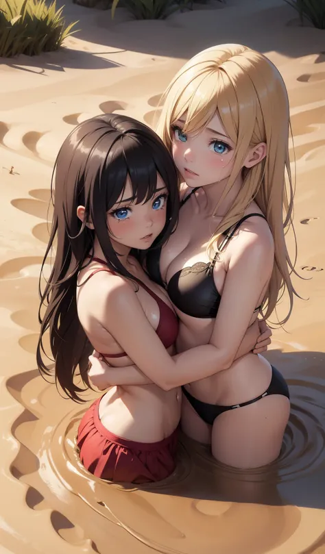 2 girls, several girls, daylight, masterpiece, very detailed, illustration, computer graphics games, absurdity, high quality, hug, glossy lips, I look at the viewer, fan, life, (crying:1.2), (quicksand:1.4), bikini, Shiny skin, beads of sweat, small breast...