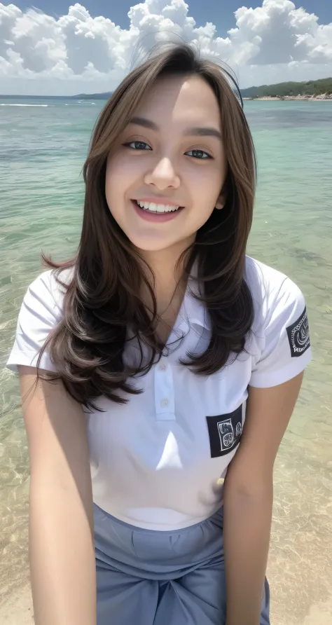 1girl, solo, (uniform), standing, at the beach, face at center frame, beautiful realistic ocean scenery, detailed face, seductive smile, detailed eyes, thick breasts, smooth skin, tight white shirt, grey blue short skirt, looking at the audience, low angle...