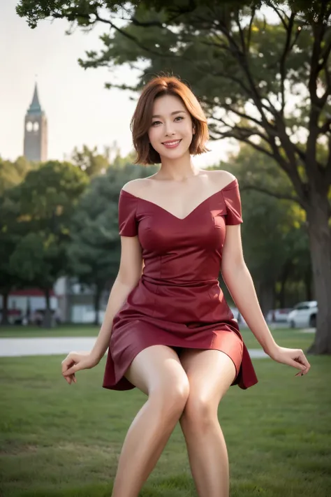 最high quality, In 8K, Masseter region, Vibrant, Sharp focus, high quality, High resolution, Detailed face, fine grain, Thick lips, (Looking at the audience), alone, Beautiful woman, 3, Japanese women, （very short brown hair:1.4）、evening、Large city park、Gre...