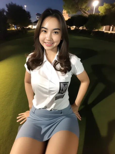 1girl, solo, standing, outdoors, Night view, Metropolitan city scenery at the background, (ultra wide angle shot: 1.4), beautiful scenery, detailed face, little smile, detailed eyes, thick breasts, smooth detailed skin, tight white shirt, grey blue short s...