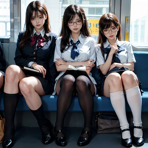 4K.Sharp focus、(((Sit well))), Beauty sitting on train seat, Taken from the opposite seat, Knee height seat, View Photographer, Tall Woman, One Woman, whole body, (Smiling at the photographer), tight skirt, (Over the knee socks), High heels, Sexy Dress, Lo...