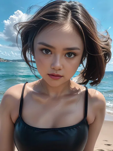 1girl, solo, (uniform), standing, at the beach,  beautifully ocean scenery, detailed face, cute angry face, detailed eyes, thick breasts, smooth realistic skin, black tight latex tanktop, black latex hot pants, looking at the audience, low angle shot,(8k, ...