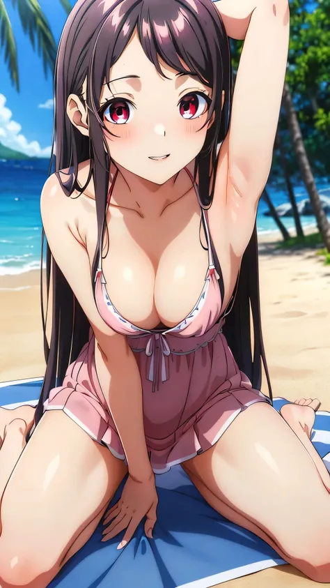 Kaori Hojo, girl, (masterpiece: 1.1), (highest quality: 1.1), red eyes, long hair, cute smile, blush, parted lips,(summer dress), barefoot, beach side, ((sexy posing:1.2, looking  at viewer:1.1)), (close-up:1.3), gravure,nsfw,