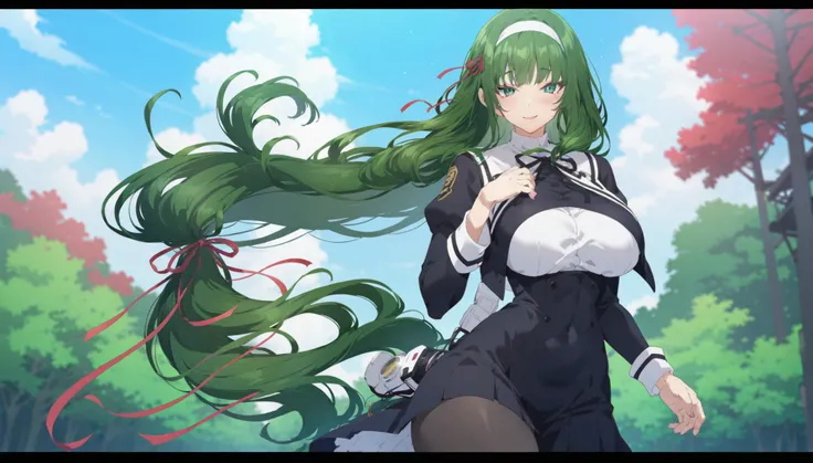 masterpiece,Highest quality,Very detailed,High resolution,4k Portraiture,8k Portraiture,Anime screenshots, Portraiture,One person,alone,Hasebe_Tōh-hsien, Long Hair,pantyhose, (green hair) ,ribbon,hair band,hair ribbon,very Long Hair,Green Eyes,bangs,red ri...