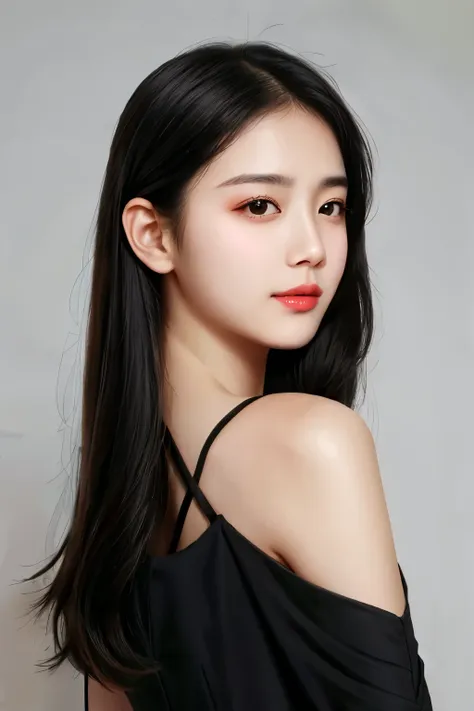 a man with sharp eyes, beautiful girl in black dress with pointed chin and flat face