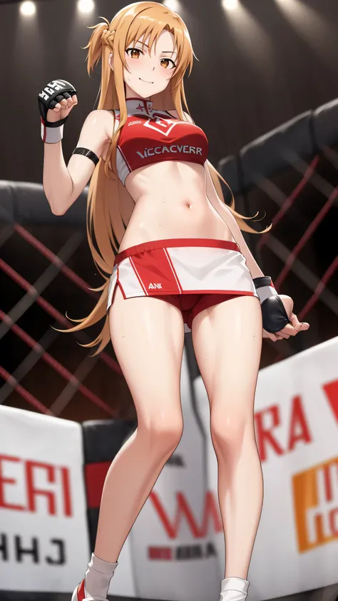 Asuna yuki(Sword Art Online), Dynamic Angle, Long bronze hair,Braiding,Brown eyes,Detailed eyes,Large bust line,(wearing MMA uniform:1.5, thigh, belly button), Roll Forward,Genuine,Her slim legs are really cute.,Very beautiful long legs, Perfect body,Genui...