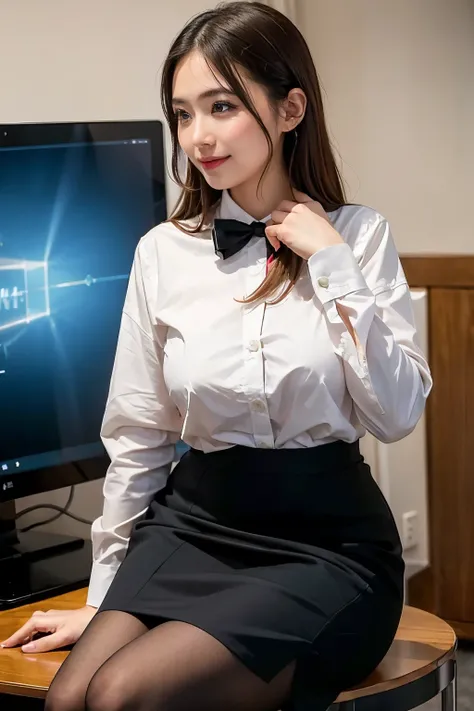 (((masterpiece))), (((Highest quality: 1.4))), ((Super detailed: 1.4)) , Woman in suit using tablet computer in room, A captivating beauty、Pencil Skirt、Ultra-realistic pantyhose、Skirts and pantyhose、A hardworking and capable beautiful secretary、work, Panty...