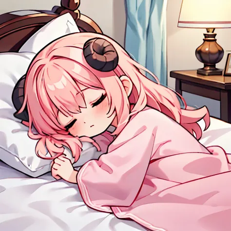 “An anime-style illustration of ‘Fua-chan’ sleeping peacefully. Fua-chan has distinctive features: long pink hair styled in soft curls resembling sheep’s horns, and pink eyes. She is depicted lying comfortably in bed, wrapped snugly in soft blankets, with ...