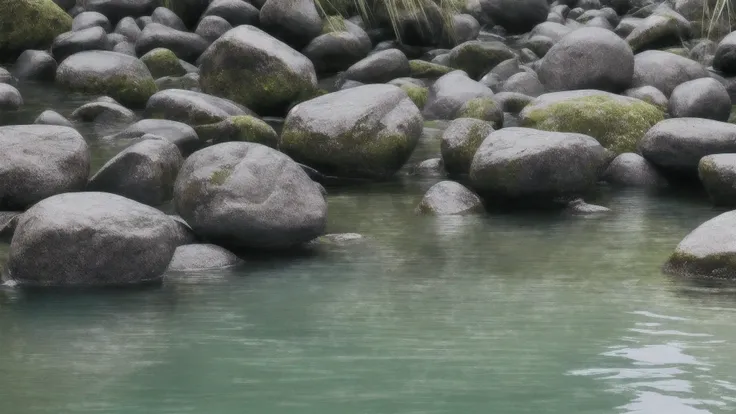 Quiet Zen atmosphere, Stack of smooth black stones, Bamboo sticks, Shimizu, Vivid green background, Sense of harmony, peace, Natural elements, Water Drop, Natural simplicity:: reflection, Ripples on the water, Refreshing atmosphere after the rain, High res...