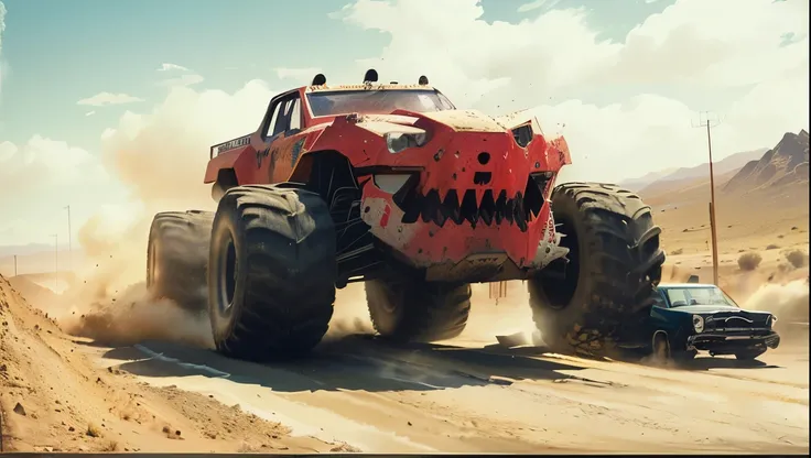 massive, aggressive-looking monster truck, gigantic wheels, red and black monster-inspired design, sharp teeth detailing on the front, dusty road, speeding vehicle, vintage car alongside, dry desert landscape, rugged mountains, clear blue sky, sunlight, br...