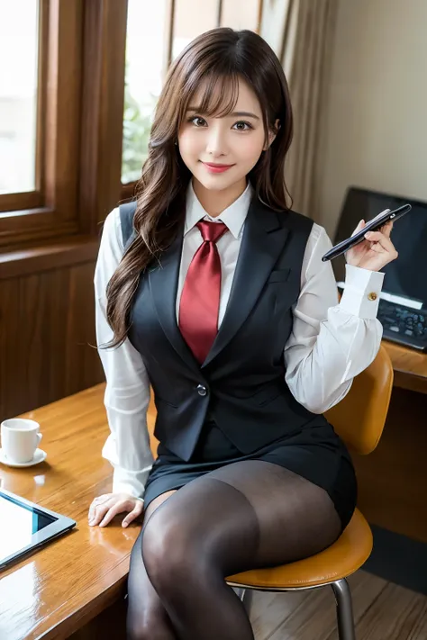 (((masterpiece))), (((highest quality: 1.4))), ((super detailed: 1.4)) , woman in suit using tablet computer in room, a captivat...