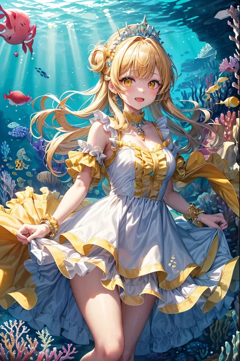 ((Scenery under the sea:1.5))big１Wrapped in four bubbles((Cute frilly dress outfit:1.5))、((Highest quality)), ((masterpiece)), (detailed), One girl, (big胸:0.8)Anime Style、Yellow hair color、((Dreamy, sparkling yellow eyes:1.3))、Rin々New eyes、Fantastic Backgr...