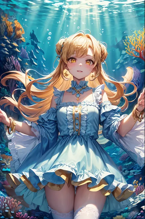 ((Scenery under the sea:1.5))big１Wrapped in four bubbles((Cute frilly dress outfit:1.5))、((Highest quality)), ((masterpiece)), (detailed), One girl, (big胸:0.8)Anime Style、Yellow hair color、((Dreamy, sparkling yellow eyes:1.3))、Rin々New eyes、Fantastic Backgr...