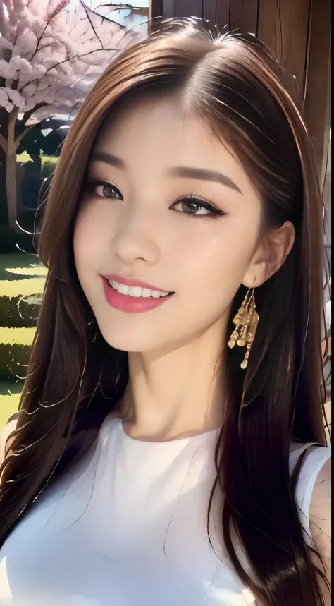 ((Highest quality, 8k, masterpiece :1.3)), One Girl,Red lipstick,A very charming smile,Look Up,Standing,Beautiful woman, Big Breasts:1.3, Highly detailed face, double eyelid, spring, sunny, nature,garden,cherry blossoms,(Looking into the camera),White slee...