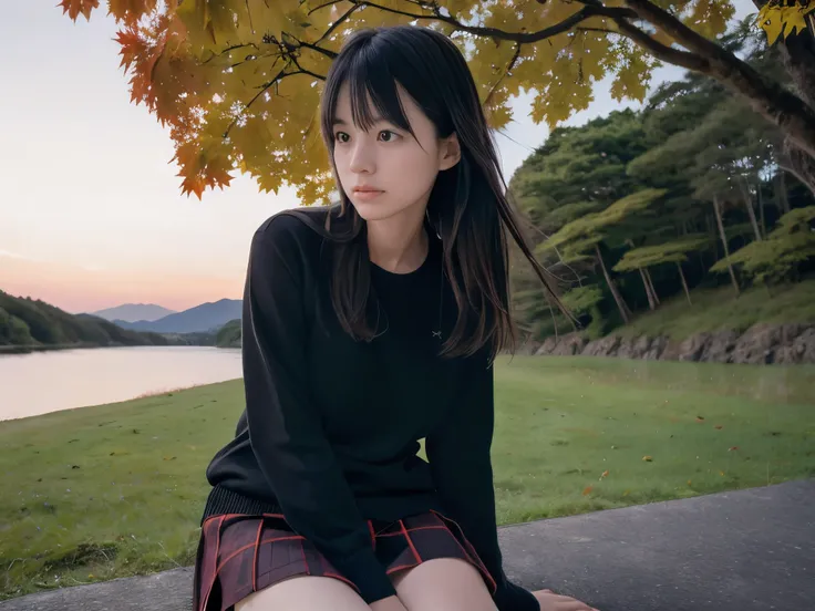 (Close up face shot of one slender small breasts two side up black medium hair with bangs girl in a long sleeves shirt and sweater and skirt:1.5)、(One girl is looking over there with lonely sad face on the dart road near the lake and big waterfall in Japan...