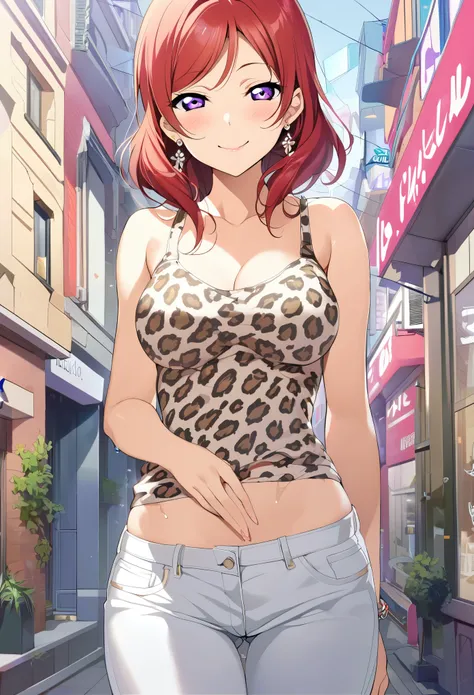 Masterpiece, love live,sexy,facial details, 1girl, detailed body part details, cowboy shot, breasts,8k wallpaper, looking at viewer, nishikino maki, low waisted jeans pants, white underwear, leopard printed tank top, earrings,in street , licking lips, sexu...