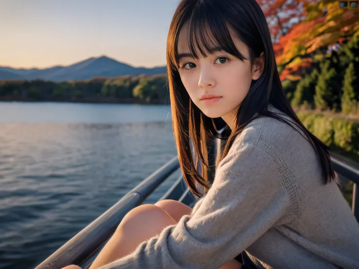 (Close up face shot of one slender small breasts dark silver long hair with swept bangs girl in a long sleeves shirt and sweater and skirt:1.5)、(One girl is looking over there with lonely sad face on the dart road near the lake and big waterfall in Japan:1...