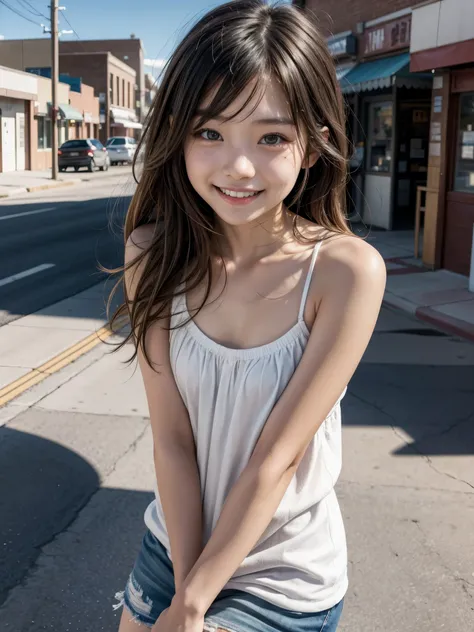 In the town of Cheyenne, Wyoming, USA, a cute Japanese girl, slim, smiling, bare shoulders