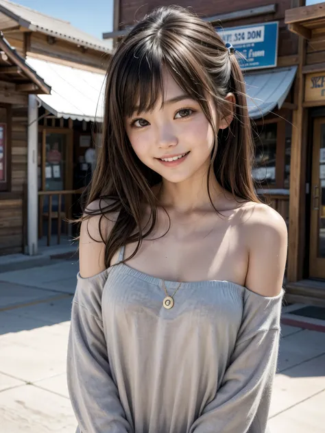 In the town of Cheyenne, Wyoming, USA, a cute Japanese girl, slim, smiling, bare shoulders