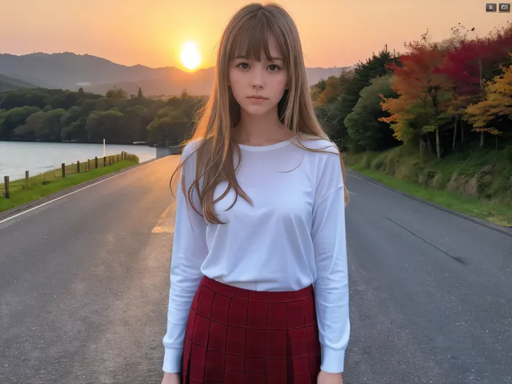 (Close up face shot of one slender small breasts half up blonde long hair with bangs girl in a long sleeves shirt and sweater and skirt:1.5)、(One blonde hair girl is looking over there with lonely sad face on the dart road near the lake and big waterfall i...