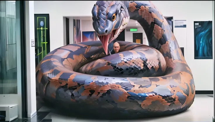 A giant, lifelike snake sculpture is coiled intricately in an indoor setting, wrapping around a person standing at its center. The setting appears to be a public building, with white walls and informational posters in the background. The snakes detailed sc...