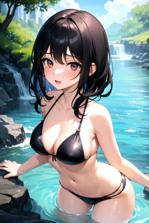 ((best quality)), ((masterpiece)), (detailed), cute, sweet, sexy girl playing in the water at the waterfall, black bikini, medium boobs, water,  long dark hair