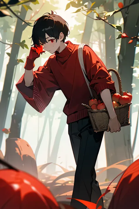 man,young man, black short hair,red eyes,Red wool sweater,Right hand holds a piece of glass,The left arm hangs a basket of apples.,
,Walking in the forest in the morning, with bright sunlight and trees surrounding.,