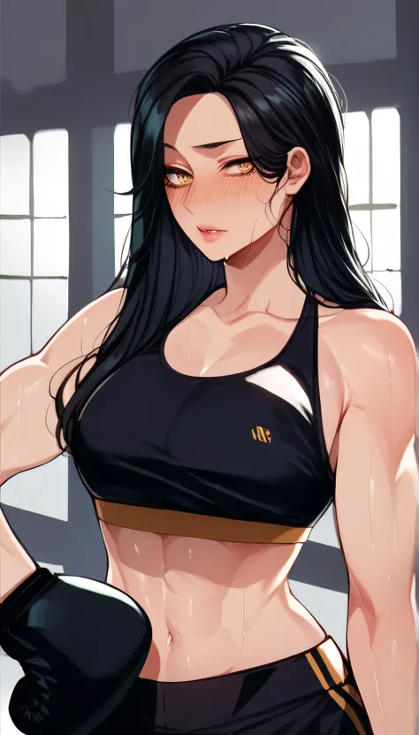 black hair,masterpiece,best quality,highres,ultra-detailed,aashizue,yellow eyes,long hair,(sports bra:1.2), boxing gloves, toned, muscular,sweating, (sleeveless:1.4)