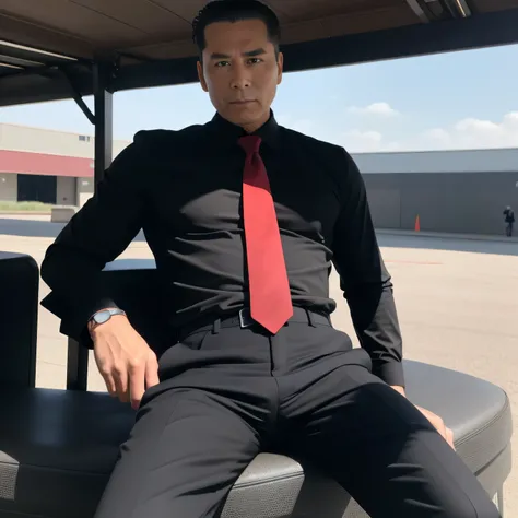 50 years old,One Man,Black Shirt、Red tie、Black slim pants、,Morning parking lot、mafia、Sitting with legs wide open、Hold a gun,logic,Gay ,Very short slicked back hair,Stubble,Asian Faces,Handsome Dad,Bulging in the crotch area of pants