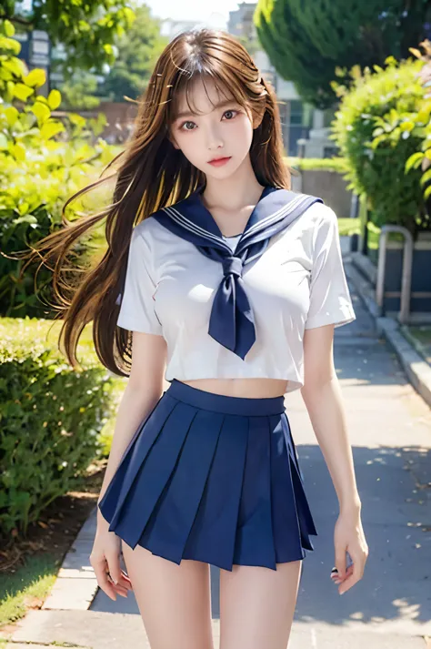 (Ultra HD), (Looking at me), (The whole body is shown), (Short-sleeved sailor uniform, Navy blue mini skirt), Big Breasts, Super beautiful breasts, slender, (Thin legs:1.2), (Thin thighs:1.2), (Thin Hips:1.4), (Beautiful Skin, Shiny skin, White skin), (Sup...