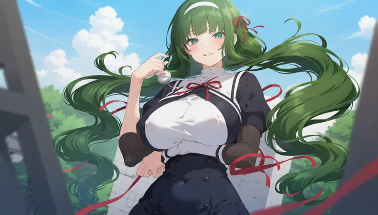 masterpiece,Highest quality,Very detailed,High resolution,4k Portraiture,8k Portraiture,Anime screenshots, Portraiture,One person,alone,Hasebe_Tōh-hsien, Long Hair,pantyhose, (green hair) ,ribbon,hair band,hair ribbon,very Long Hair,Green Eyes,bangs,red ri...