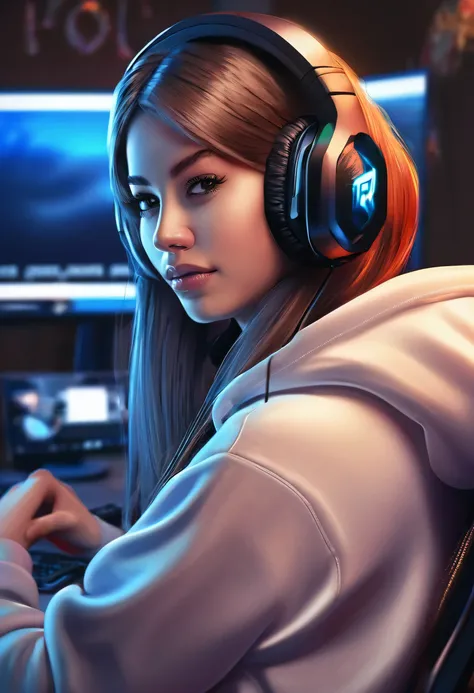 hot girl, wear hoodie, headset and contoller, sitting on a chair in front of a monitor, realistic