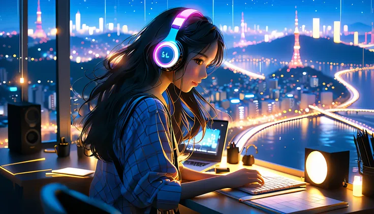 beautiful girl studying in her room while listening to music with headphones、long hair、warm indirect lighting、beautiful cityscap...