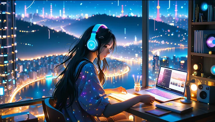 beautiful girl studying in her room while listening to music with headphones、long hair、warm indirect lighting、beautiful cityscap...