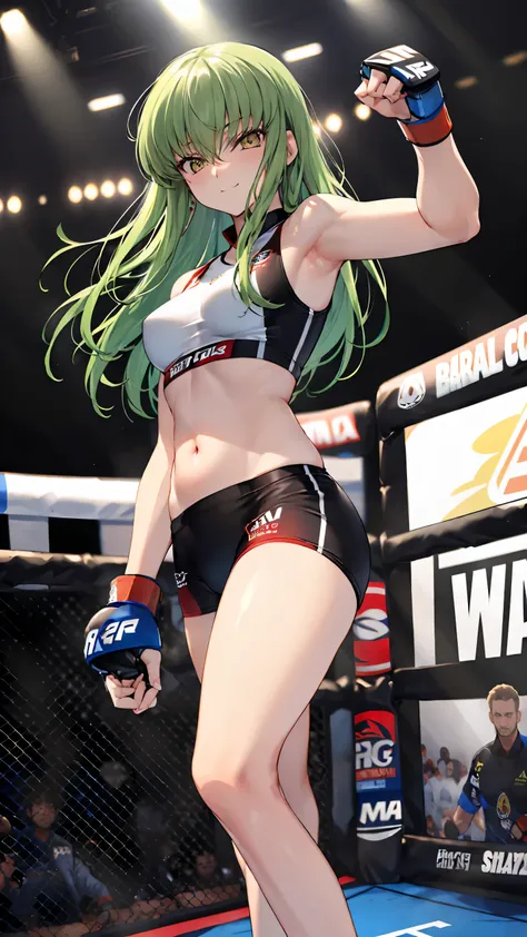 CC_Code Geass, Hair between the eyes, Very long hair 1 person, Bright light, smirking, alone, full body shot, From below, Fighting, (masterpiece, Highest quality), 8k, Intricate details, (on MMA Arena :1.5), (wearing MMA uniform:1.5, white tops and black b...