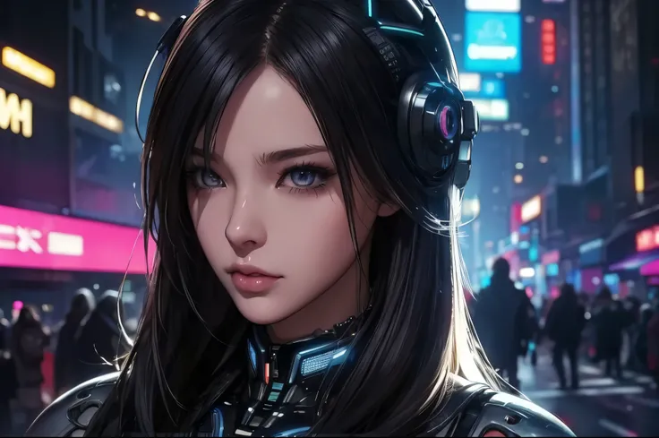 (masterpiece), (Highest quality), (Very detailed), (1 person), (cyber punk), Future city background, Detailed eyes, Detailed nose, Detailed lips, Perfect Face, Perfect body, Revealing clothing, upper body shot,