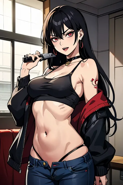 1girl, Dakeda Kaneshiro, tattoo, black hair, masterpiece anime character with long hair and red flowers, inspired by Kusumi Morikage, female anime character, , as a character in tekken, beautiful anime woman, the piercing stare of yuki onna, manhwa, yakuza...