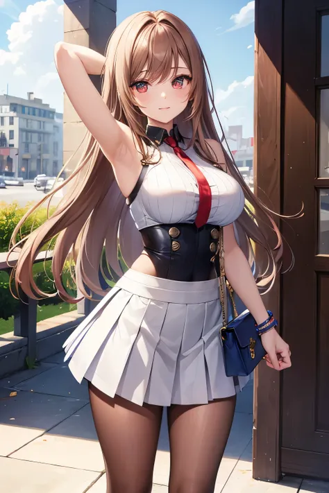 game , Goddess of Victory nods, neat , light brown hair,  captivating eyes ,beautiful face , Crystal Red Eyes ,  long hair , Top with Korean-style pleated decoration that spreads from the shoulders , blue , split,White color solid ribbed knit pencil skirt ...