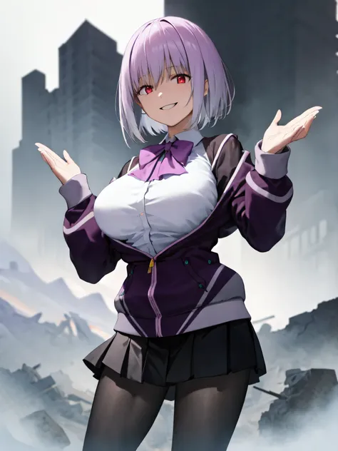 male, short hair, Red eyes, Large Breasts, Purple bow tie, Collared shirt, White shirt, Purple Jacket, Partially defrosted, Long sleeve, Sleeves are longer than the wrist, Pleated skirt, Black Skirt, pantyhose,  Waist clothes, night, dark, , Shine, Backlig...