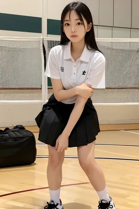 beautiful Girl, Badminton Club, Kind person, Japanese
Face forward, long hair, standing,
black socks, Putting on White sneakers, 
black shirt, White Skirt