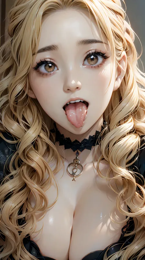 Realistic, masterpiece, Highest quality, Highest quality, (One Japanese woman:1.5), (Close up on face, Sticking out a long tongue:1.5), beautiful girl, Smiling happily, Dark Eyes, With lots of eyelashes, (blonde, Wavy Hair, Long Hair:1.3), (Cleavage:1.3), ...