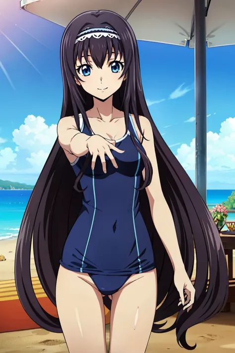 Semi-transparent sheer dark blue one-piece swimsuit,1,bangs,Smile a little,Thighs,knees,share,Black Hair,Long Hair,blue eyes,bangs, ((髪band)), Animeセル画スタイル,masterpiece, Highest quality, Very detailed, a Anime女の子,  Naughty anime style, Anime, Naughty style,...