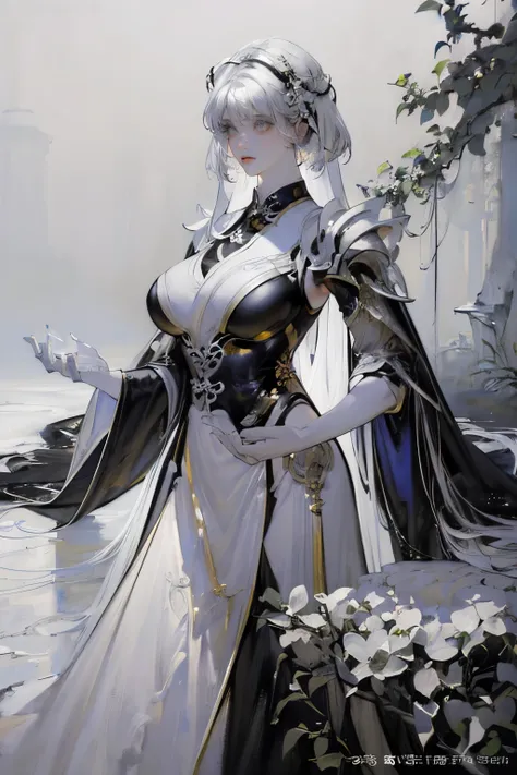 (Black and white color scheme:1.4)a close up of a woman with a white dress on, chengwei pan on artstation, by Yang J, detailed fantasy art, Stunning character art, Fanart Meilleure ArtStation, epic exquisite character art, Beautiful armor, Extremely detai...