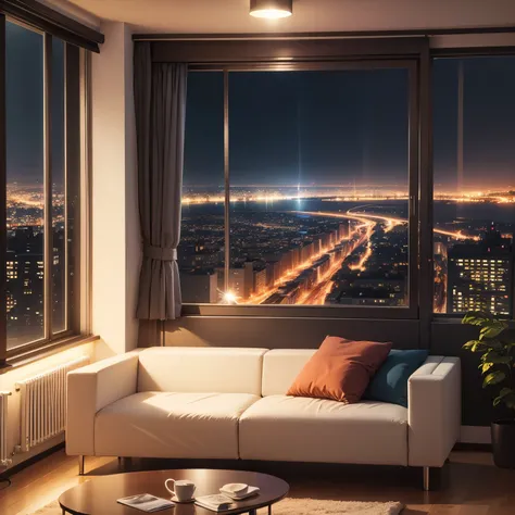 The background is the living room of an apartment with a view of the city at night