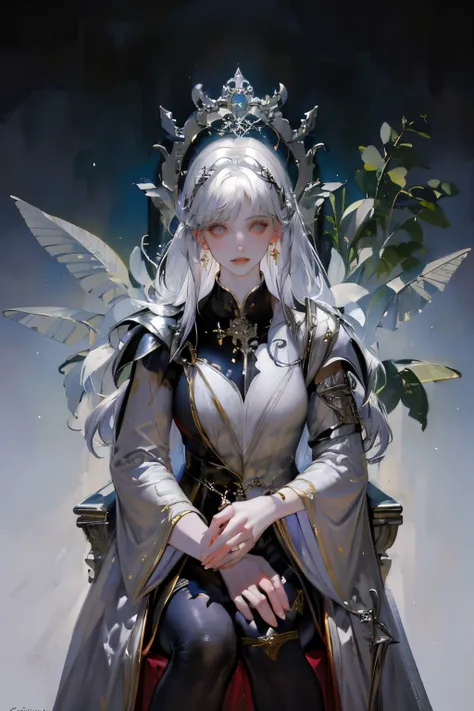 White-haired woman sitting on the Iron Throne,Game of Thrones style,Epic detail,Best quality,Numerous details,Natural white long hair,The Iron Throne in Game of Thrones,Targaryen Princess,Medieval women,Medieval Princess,Beautiful medieval art,masterpiece